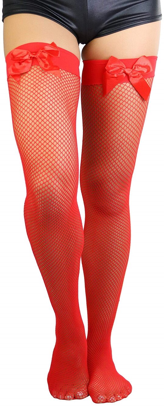 9285 Satin Bow Fishnet Thigh Highs - Red - One Size